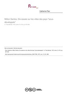 Milton Santos, Dix essais sur les villes des pays sous-développés  ; n°50 ; vol.13, pg 457-459