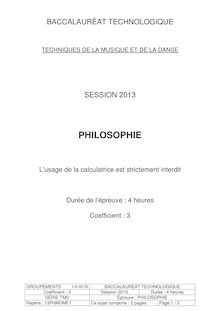 Sujet du bac serie TMD 2013: Philosophie-métropole