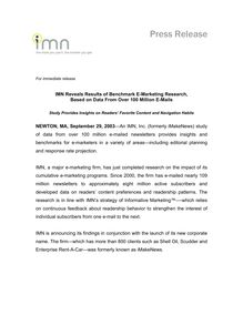 IMN Reveals Results of Benchmark E-Marketing Research, .Based on Data  From Over 100 Million E-Mails