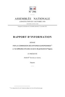 Rapport d information déposé par la commission des affaires européennes sur la ratification et la mise en oeuvre du protocole de Nagoya