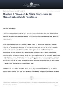 Discours de François Hollande à l occasion du 70ème anniversaire du Conseil national de la Résistance