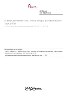 M. Brion, Léonard de Vinci. Journal tenu par Isaac Beekman de 1604 à 1634  ; n°1 ; vol.7, pg 91-92