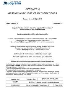 Sujet Bac Hôtellerie 2017 - Gestion hôtelière et mathématiques