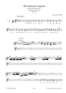 Partition flûte et Soprano, All ombra di sospetto, Cantata per traversiere, soprano e continuo, RV 678