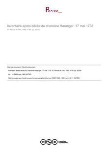 Inventaire après décès du chanoine Haranger, 17 mai 1735 - article ; n°1 ; vol.69, pg 62-68