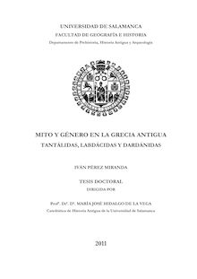 Mito y Género en la Grecia Antigua: Tantálidas, Labdácidas y Dardácinas.