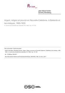 Argent, religion et pouvoir en Nouvelle-Calédonie. A.Ballande et les évêques, 1885-1935 - article ; n°2 ; vol.95, pg 151-183