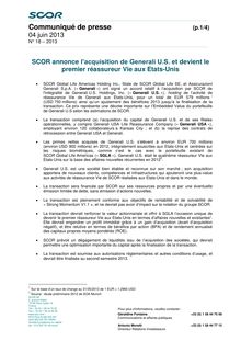 SCOR annonce l’acquisition de Generali U.S et devient le premier réassureur Vie aux Etats-Unis 