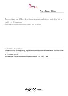 Constitution de 1958, droit international, relations extérieures et politique étrangère - article ; n°1 ; vol.4, pg 645-659
