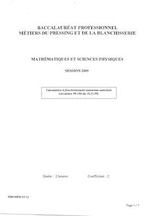 Mathématiques et sciences physiques 2005 Bac Pro - Métiers du pressing et de la blanchisserie