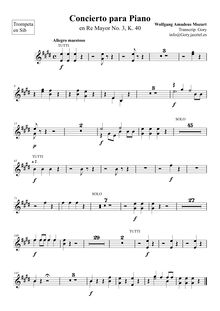Partition trompette 1/2 (en B♭), Piano Concerto No.3, D major, Mozart, Wolfgang Amadeus