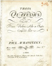Partition violon 1, 6 corde quatuors, Op.23, Wranitzky, Paul