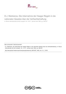 D.J. Markianos, Die Ubernahme der Haager Regeln in die nationalen Gesetze iiber die Verfrachterhaftung - note biblio ; n°1 ; vol.14, pg 226-227