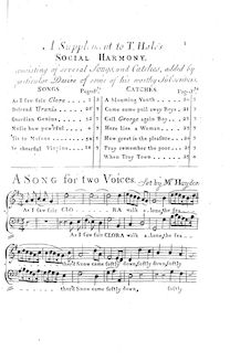 Partition Supplement, Social Harmony, Consisting of a Collection of chansons et Catches en 2, 3, 4 et 5 parties, From pour travaux of pour most eminent Masters To which are added Several Choice chansons on Masonry By Thomas Hale of Darnhall Cheshire