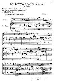 Partition complète, Balletto e Pass e Mezzo per violon, Fontana, Giovanni Battista