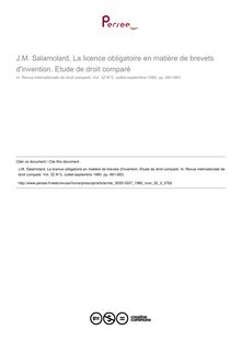 J.M. Salamolard, La licence obligatoire en matière de brevets d invention. Etude de droit comparé - note biblio ; n°3 ; vol.32, pg 681-683