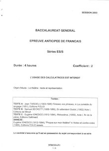 Français 2003 Sciences Economiques et Sociales Baccalauréat général