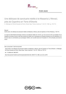 Une dédicace de sanctuaire inédite à la Masseria Li Monaci, près de Copertino en Terre d Otrante - article ; n°2 ; vol.94, pg 703-710