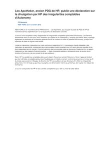 Leo Apotheker, ancien PDG de HP, publie une déclaration sur la divulgation par HP des irrégularités comptables d Autonomy