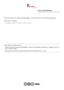 Féminisme et anthropophagie : Féminisme et Anthropologie d Evelyn Reed  ; n°1 ; vol.12, pg 86-88