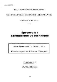 Mathématique et sciences physiques 2003 Bac Pro - Construction bâtiment gros œuvre