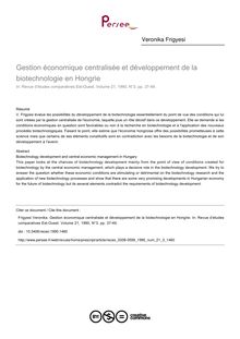 Gestion économique centralisée et développement de la biotechnologie en Hongrie - article ; n°3 ; vol.21, pg 37-49