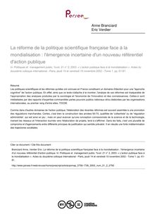 La réforme de la politique scientifique française face à la mondialisation : l émergence incertaine d un nouveau référentiel d action publique - article ; n°2 ; vol.21, pg 61-81