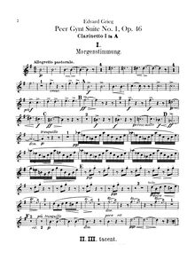 Partition clarinette 1, 2 (en A), Peer Gynt  No.1, Op.46, Grieg, Edvard