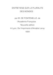ENTRETIENS SUR LA PLURALITE DES MONDES par M. DE FONTENELLE, de  l ...