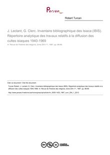 J. Leclant, G. Clerc. Inventaire bibliographique des Isiaca (IBIS). Répertoire analytique des travaux relatifs à la diffusion des cultes isiaques 1940-1969  ; n°1 ; vol.204, pg 88-89