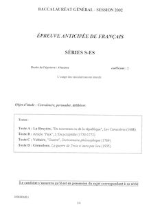 Français 2002 Sciences Economiques et Sociales Baccalauréat général