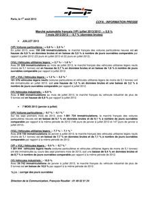 CCFA : Marché automobile français (VP) juillet 2013/2012 : + 0,9 % 7 mois 2013/2012 : - 9,7 % (données brutes)