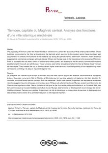 Tlemcen, capitale du Maghreb central. Analyse des fonctions d une ville islamique médiévale - article ; n°1 ; vol.20, pg 49-66