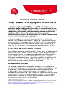 Communiqué de presse-Jeudi 7 Juillet 2011 Enquête « Natura 2000 ...