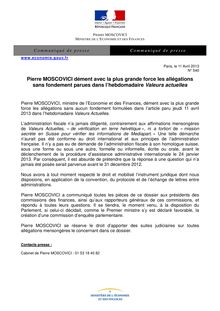 Affaire Cahuzac : Pierre Moscovici dément les allégations de Valeurs Actuelles (11 avril 2013)