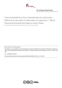 L avis consultatif de la Cour internationale de Justice dans l affaire de la demande en réformation du jugement n° 158 du Tribunal administratif des Nations Unies (Fasla) - article ; n°1 ; vol.19, pg 320-350