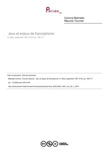 Jeux et enjeux de francophonie - article ; n°1 ; vol.52, pg 168-171