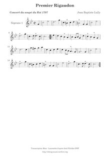 Partition Premier Rigaudon - parties (Descant, 2 Trebles, ténor, basse), Concert de violons et de hautbois donné pour le souper du Roy le seize janvier 1707