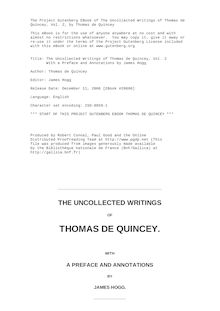 The Uncollected Writings of Thomas de Quincey, Vol. 2 - With a Preface and Annotations by James Hogg