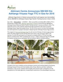 Abhinam Centre Announces 300/500 Hrs Ashtanga Vinyasa Yoga TTC in Goa for 2016
