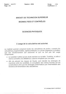 Sciences physiques et chimiques 2006 BTS Bioanalyses et contrôles