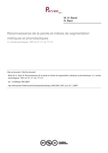 Reconnaissance de la parole et indices de segmentation métriques et phonotactiques - article ; n°1 ; vol.97, pg 77-112