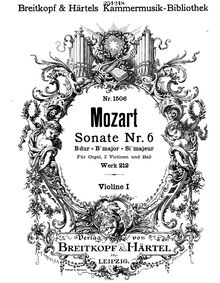 Partition violons I, église Sonata No.6, B♭ major, Mozart, Wolfgang Amadeus