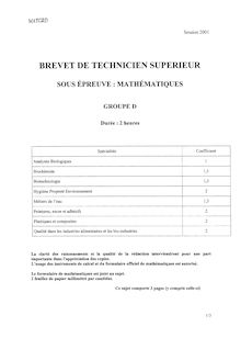 Mathématiques 2001 BTS Qualité dans les industries alimentaires et bio-indus.