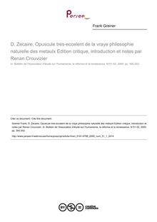 D. Zecaire, Opuscule tres-eccelent de la vraye philosophie naturelle des metaulx Edition critique, introduction et notes par Renan Crouvizier  ; n°1 ; vol.51, pg 300-302