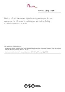 Badraz-zîn et six contes algériens rapportés par Aouda, conteuse de l Ouarsenis, édités par Micheline Galley  ; n°2 ; vol.14, pg 148-149