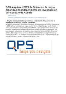 QPS adquiere JSW Life Sciences, la mayor organización independiente de investigación por contrato de Austria