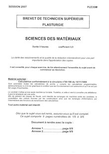 Sciences des matériaux 2007 BTS Plasturgie