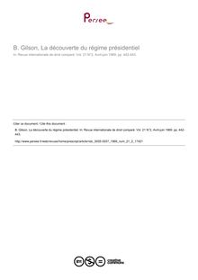 B. Gilson, La découverte du régime présidentiel - note biblio ; n°2 ; vol.21, pg 442-443