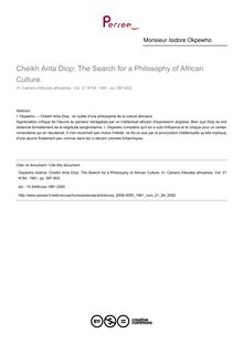 Cheikh Anta Diop: The Search for a Philosophy of African Culture. - article ; n°84 ; vol.21, pg 587-602